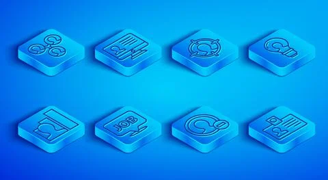 Set line Project team base, Monitor with resume, Head hunting, Speech bubble job Illustrazione stock