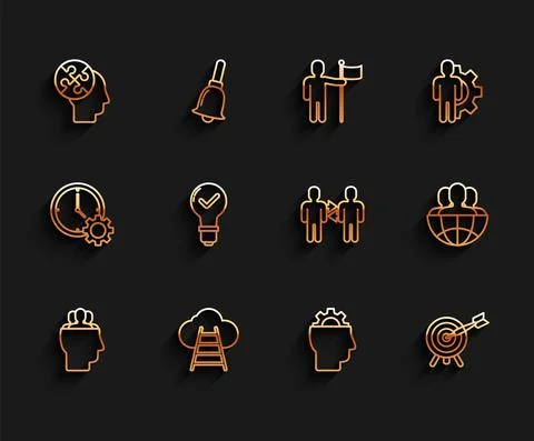 Set line Project team base, Ladder leading to cloud, Human head puzzles strategy Illustrazione stock