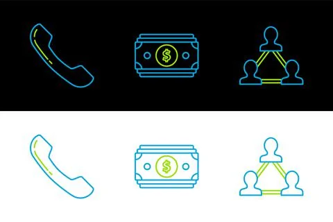 Set line Project team base, Telephone handset and Stacks paper money cash icon Stockillustratie