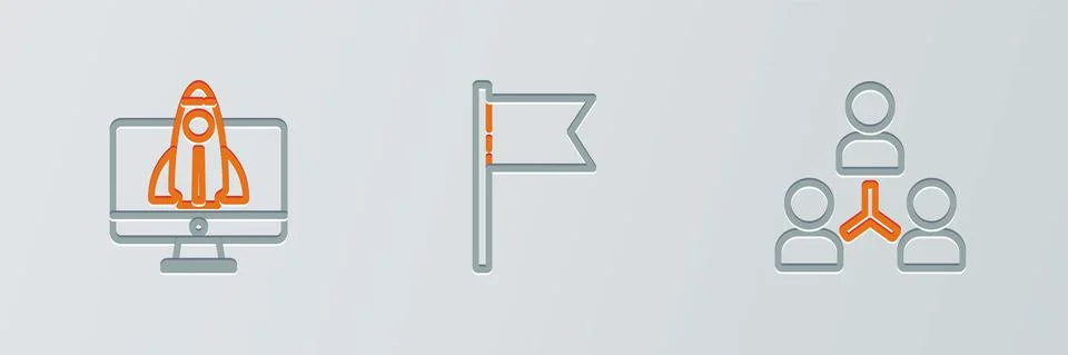 Set line Project team base, Startup project concept and Location marker icon Stock Illustration