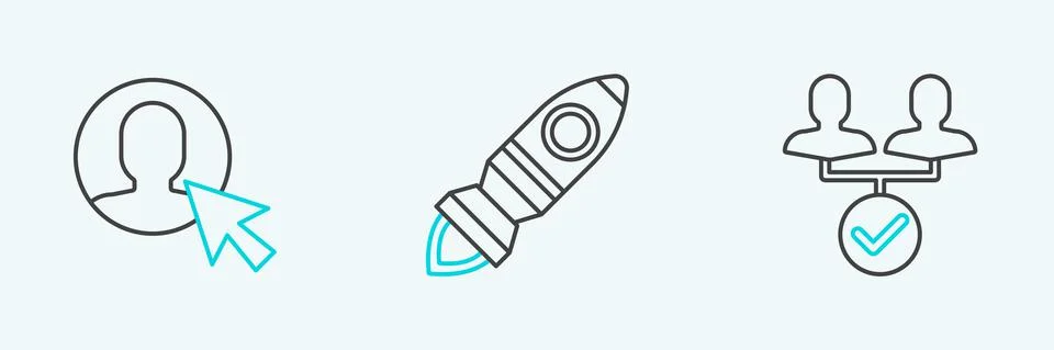 Set line Project team base, User of man in business suit and Rocket ship with Stock Illustration