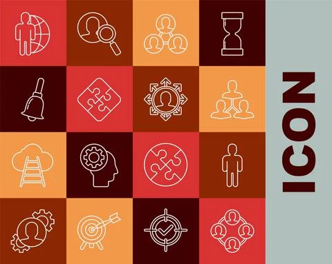 Set line Project team base, User of man in business suit, Piece puzzle, Ringing Ilustração Stock