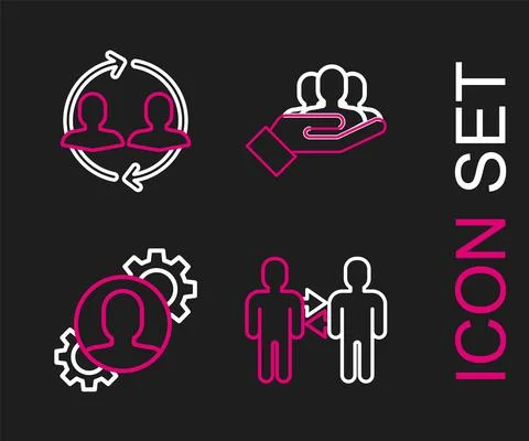 Set line Project team base, Human with gear inside, and resources icon. Vector Stock Illustration