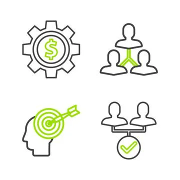 Set line Project team base, Head hunting concept, and Gear with dollar symbol Stock Illustration