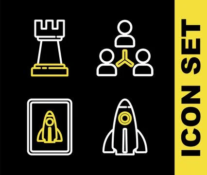 Set line Project team base, Startup project concept, and Chess icon. Vector Illustrazione stock