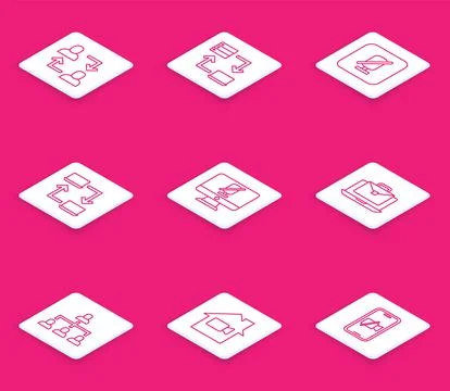 Set line Project team base, Online working, Mute microphone, computer, Hierarchy Stock Illustration