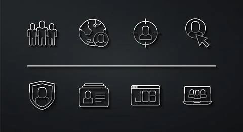 Set line Project team base, User protection, Worker, Search job, Resume, Globe Stock Illustration