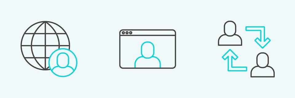 Set line Project team base, Freelancer and Video chat conference icon. Vector Stock Illustration