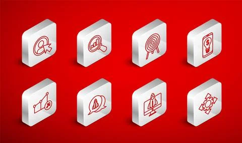 Set line Project team base, Magnifying glass and analysis, Target, Light bulb Stock Illustration