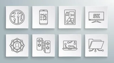 Set line Project team base, Mobile and graphic password protection, Gamepad,  Stock Illustration