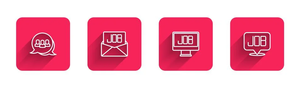 Set line Project team base, Search job,  and  with long shadow. Red square bu Illustrazione stock