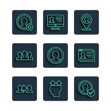 Set line Project team base, User of man, Create account screen, Location with Illustrazione stock