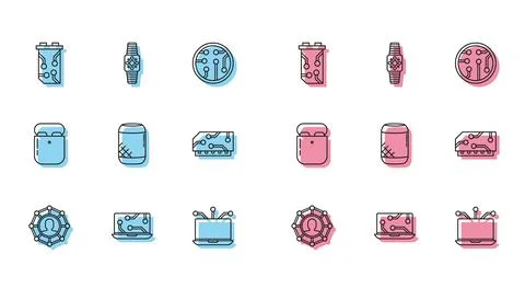 Set line Project team base, Laptop, Video graphic card, Voice assistant, RAM, Stock Illustration