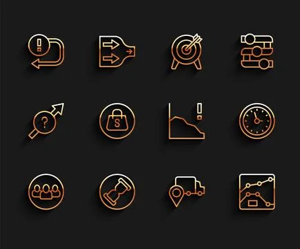 Set line Project team base, Old hourglass with sand, Arrow, Delivery tracking Stock Illustration