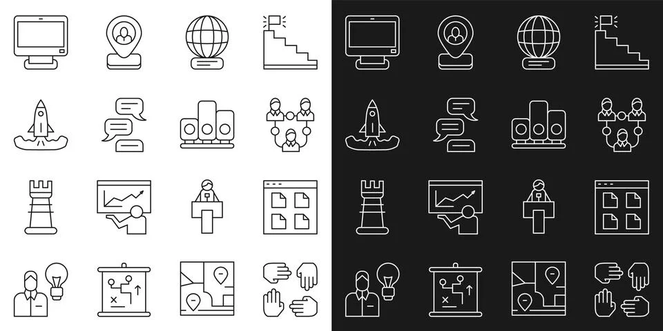 Set line Project team base, Browser files, Worldwide, Speech bubble chat, Roc Illustrazione stock