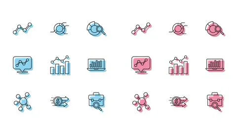 Set line Project team base, Financial growth dollar, Graph chart infographic, Illustrazione stock
