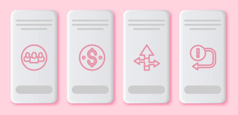 Set line Project team base, Dollar symbol, Arrow and . White rectangle button Stock Illustration