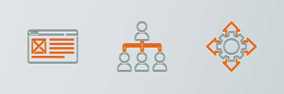 Set line Project team base, Browser window and Hierarchy organogram chart ico Stock Illustration