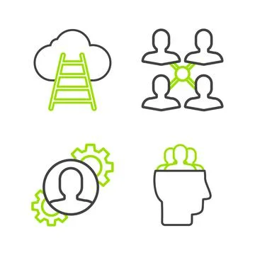 Set line Project team base, Human with gear inside,  and Ladder leading to cl Stock Illustration