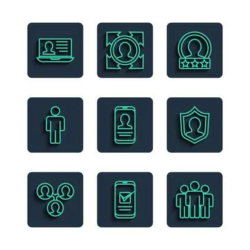 Set line Project team base, Smartphone, Users group, Create account screen Stock Illustration