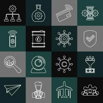 Set line Project team base, Lead management, Shield with check mark, Contactless Stock Illustration