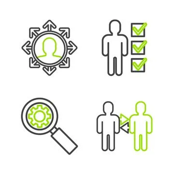 Set line Project team base, Magnifying glass and gear, User of man business suit Stock Illustration