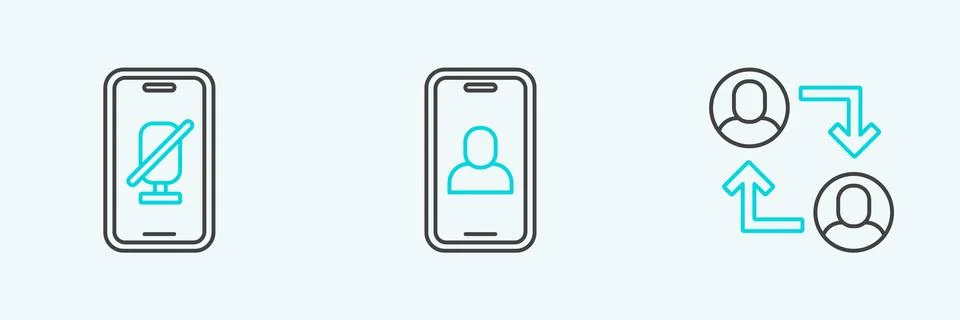 Set line Project team base, Mute microphone on mobile and Video chat conference イラスト素材