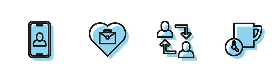 Set line Project team base, Video chat conference, Heart with text work and Time Illustrazione stock