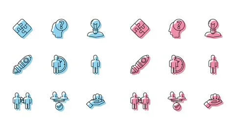 Set line Project team base, Piece of puzzle, Time Management, User man in Stock Illustration