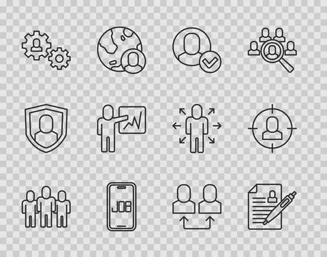 Set line Project team base, Resume, Worker, Search job, Human with gear, Leader Stock Illustration