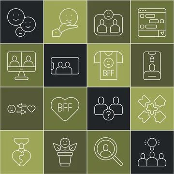 Set line Project team base, Puzzle pieces toy, Incoming call on mobile, Friends Illustrazione stock