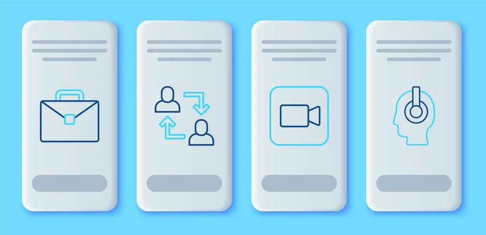 Set line Project team base, Camera, Briefcase and Freelancer icon. Vector Stock Illustration