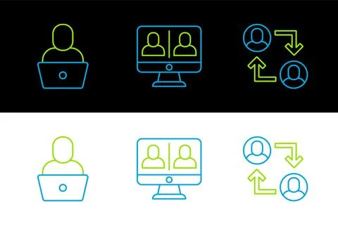 Set line Project team base, Freelancer and Video chat conference icon. Vector Illustrazione stock