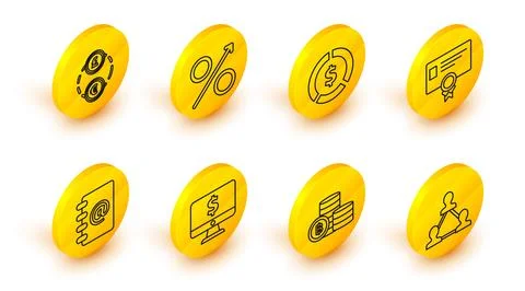 Set line Project team base, Cryptocurrency coin Bitcoin, Computer monitor with Stock Illustration