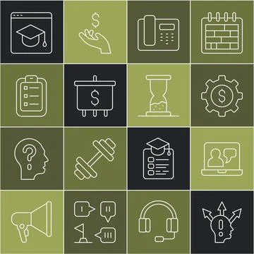 Set line Project team base, Online education, Gear with dollar, Telephone 24 스톡 일러스트