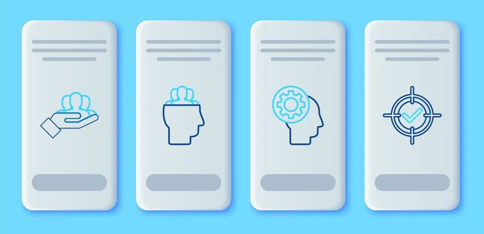 Set line Project team base, Human head with gear inside, and Target and check 스톡 일러스트