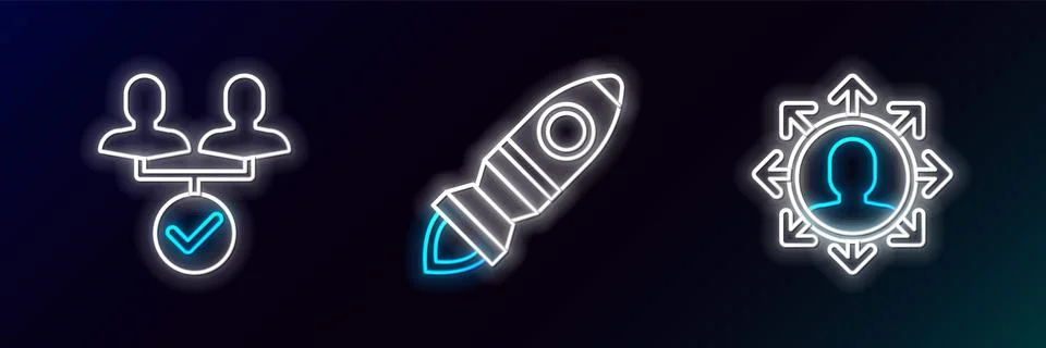 Set line Project team base, and Rocket ship with fire icon. Glowing neon. Vector 스톡 일러스트