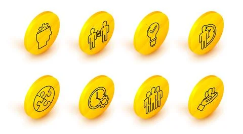 Set line Project team base, Users group, Time Management, Piece of puzzle, Light Illustrazione stock