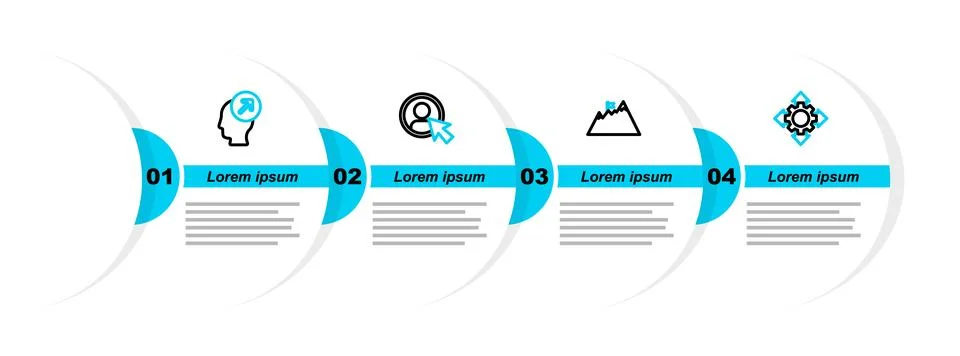 Set line Project team base, Mountains with flag, Create account screen and Head Illustrazione stock