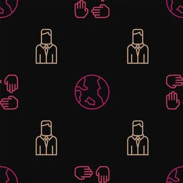 Set line Project team base, Worker and Earth globe on seamless pattern. Vector Stock Illustration