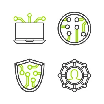 Set line Project team base, Cyber security, Processor and Laptop icon. Vector 스톡 일러스트