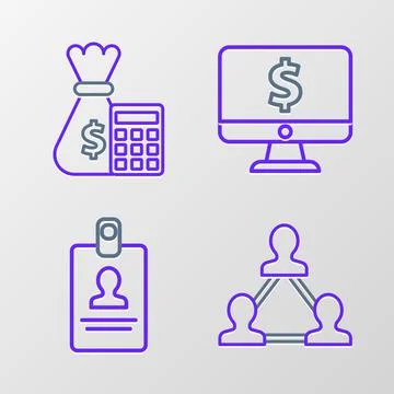 Set line Project team base, Identification badge, Computer monitor with dol.. Stock Illustration