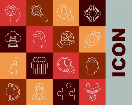 Set line Project team base, Human with gear inside, User of business suit, head Ilustração Stock