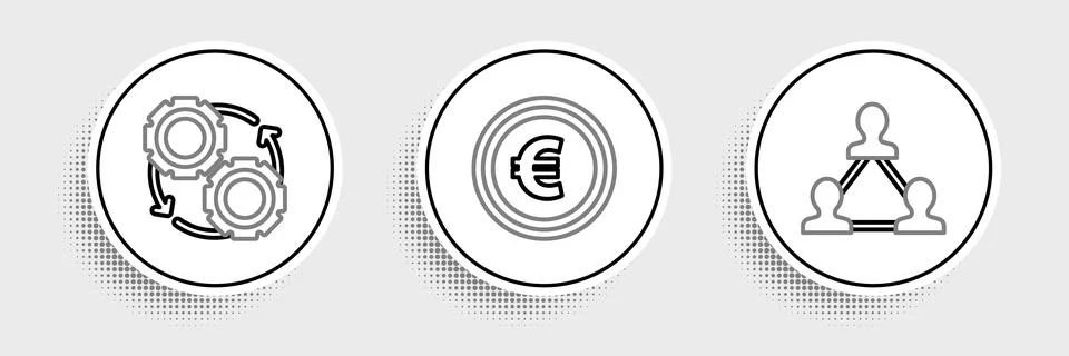 Set line Project team base, Gear and arrows workflow process concept and Coin Stock Illustration