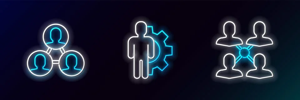 Set line Project team base, and Human with gear inside icon. Glowing neon Illustrazione stock