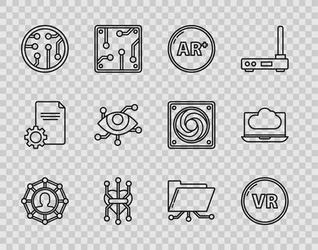 Set line Project team base, Virtual reality, Ar, augmented, Processor, Fold.. Illustrazione stock