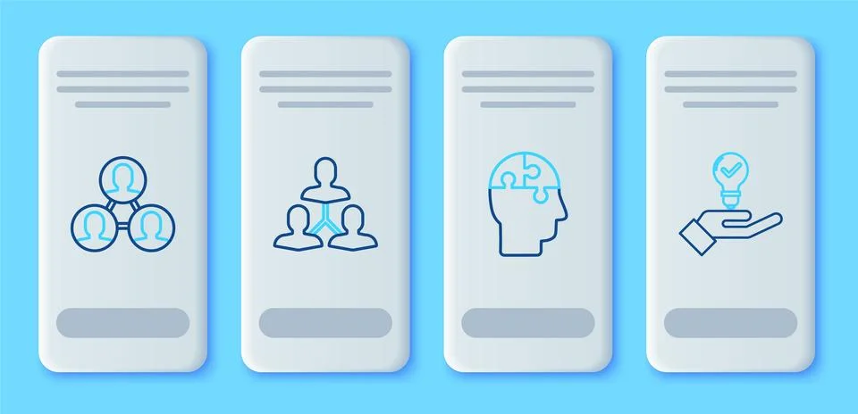 Set line Project team base, Human head puzzles strategy,  and Light bulb in.. Illustrazione stock