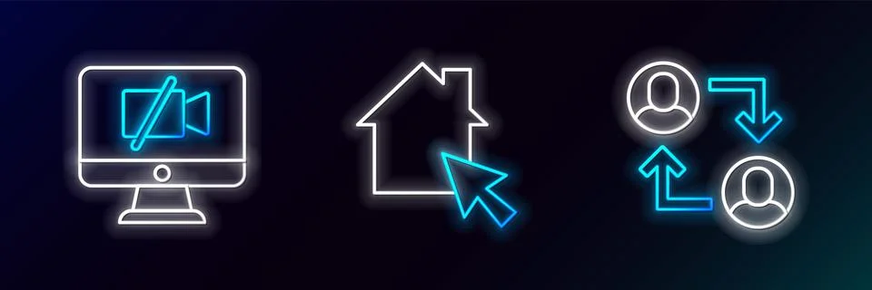 Set line Project team base, Video camera Off on computer and Online working.. 스톡 일러스트