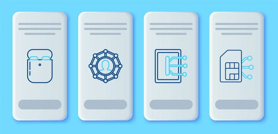 Set line Project team base, Tablet, Air headphones in box and Sim card icon.. Illustrazione stock