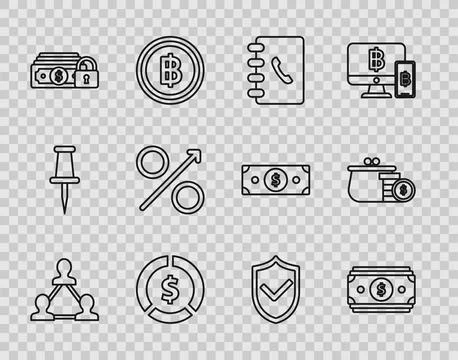 Set line Project team base, Stacks paper money cash, Address book, Coin wit.. Illustrazione stock